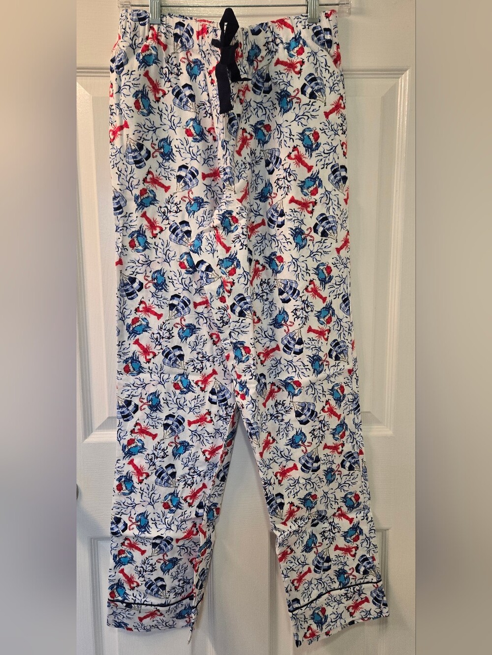 Womens Nautical Crab & Lobster Print Pajama Pants - White/Blue/Red